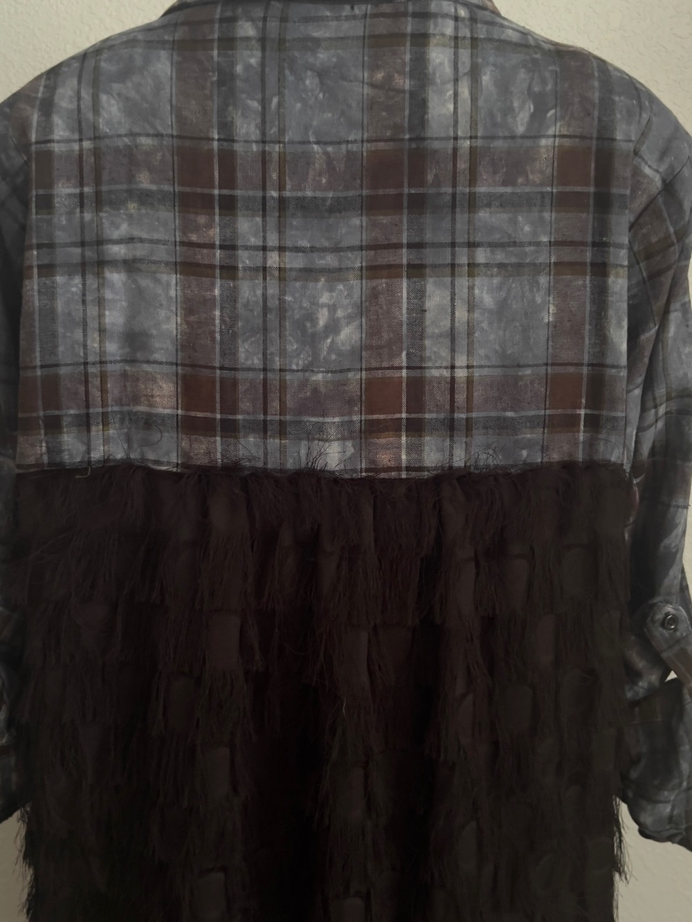 Plaid Linen Fringed Tab Sleeve Jacket Hi/Lo Lagenlook Western Boho L/XL - Picture 10 of 10